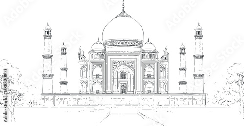 Detailed black and white sketch of the Taj Mahal, iconic Indian monument and historic architecture with domes and minarets.