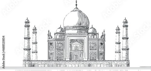 Detailed black and white sketch of the Taj Mahal monument showing its domes and minarets from the front view