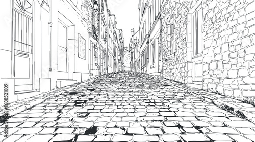 Black and white sketch of an empty narrow cobblestone street lined with old buildings and stone walls