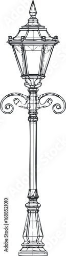 Detailed black and white line drawing of a vintage street lamp post with ornate design and lantern.