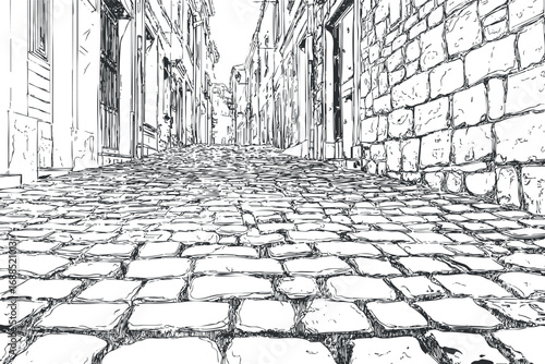 Perspective view of an old cobblestone street in a narrow historic village alley with stone buildings