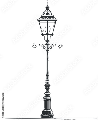 Black and white illustration of a vintage ornate street lamp post with a lantern on top