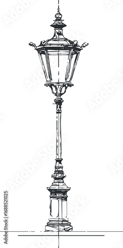 Black and white line drawing of a vintage street lamp post with ornate decorative details