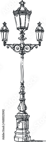 Black and white illustration of an ornate vintage streetlamp with three lanterns on a decorative post
