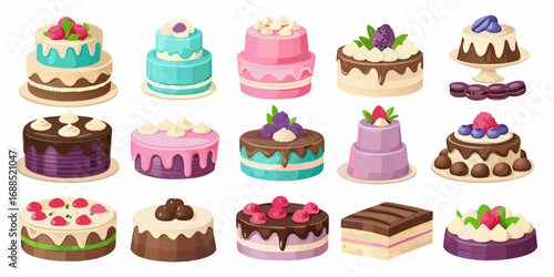 Collection of delicious and colorful cartoon cakes with frosting and fruit toppings