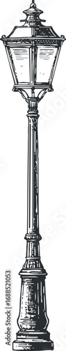 Black and white vintage streetlight lamppost illustration with ornate decorative design