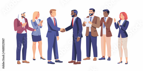 Diverse business professionals celebrate a successful partnership with a handshake and applause