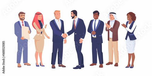 Diverse group of business professionals shaking hands and celebrating success in a meeting