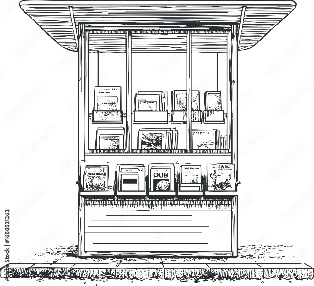 Fototapeta premium Illustration of a street newsstand kiosk displaying magazines and books for sale on shelves