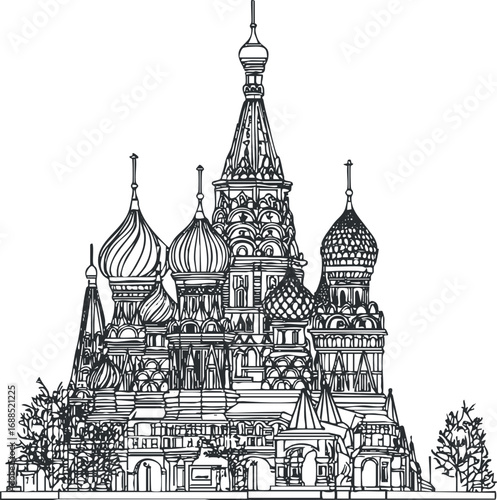 Black and white line drawing of a historic cathedral with onion domes and ornate architectural details
