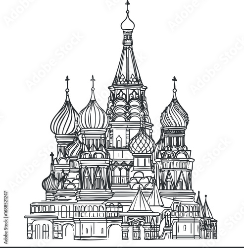 Black and white line drawing of a historic cathedral with onion domes and intricate architectural details