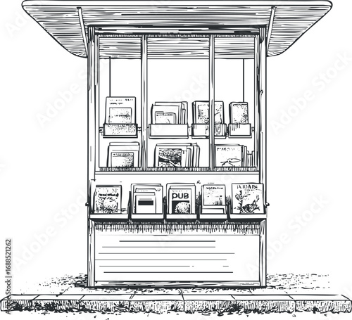 Illustration of a street newsstand kiosk displaying magazines and books for sale on shelves