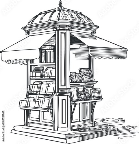 Black and white illustration of a vintage newsstand kiosk with books and magazines displayed under awnings on a city street.