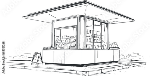 Line drawing of a small retail kiosk with books and magazines on display under a flat roof