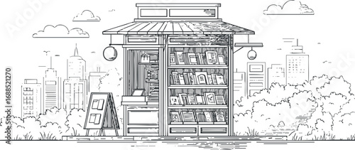 Black and white line art illustration of a small urban bookstore kiosk with shelves of books and city skyline background