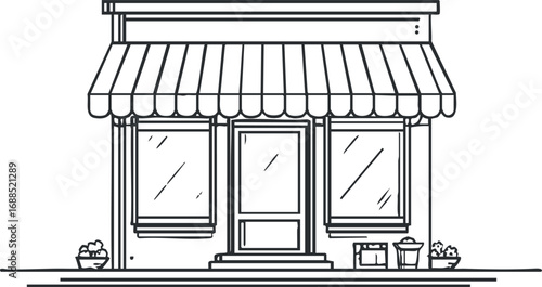 Black and white line drawing of a storefront with door, windows, striped awning, steps, and flowerpots