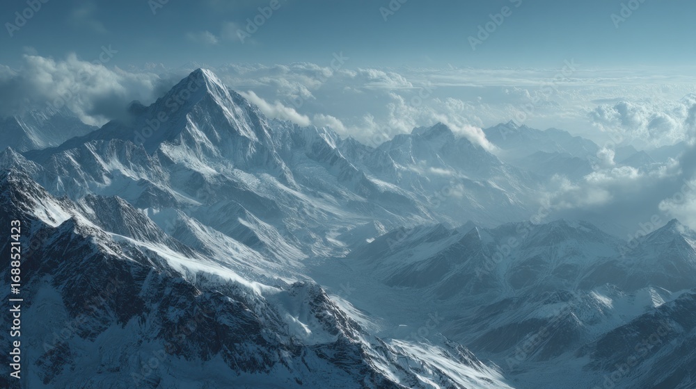 Obraz premium Majestic snow-covered mountain peaks pierce through swirling clouds on high altitude