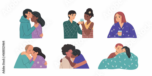 Diverse couples and individuals sharing moments of comfort support and affection in various intimate settings