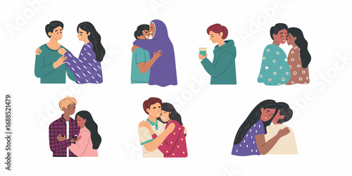 Diverse couples and friends embracing and showing affection in various scenarios