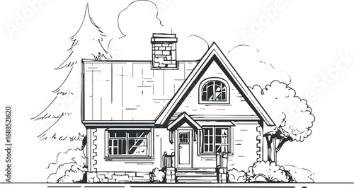 Black and white line drawing of a small cottage house with chimney surrounded by trees and bushes