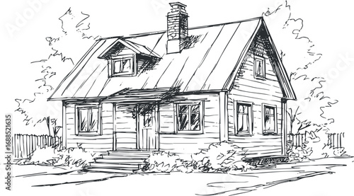 Black and white sketch of a cozy cottage house with chimney surrounded by garden and trees