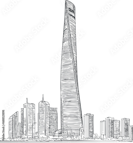 Black and white line art illustration of a modern skyscraper surrounded by urban highrise buildings.