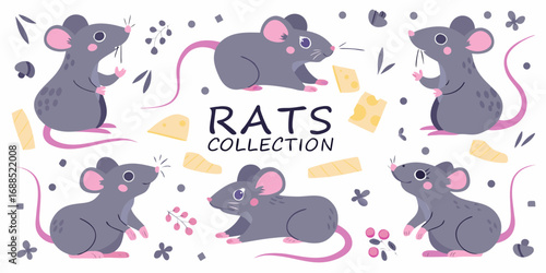 Cute cartoon collection of adorable gray rats posed with cheese and berries