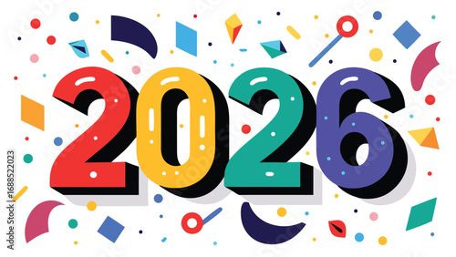 Colorful confetti and a fun illustration of a new year party with a happy holiday greeting