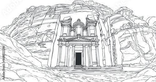 Black and white line drawing of the ancient rock-carved temple facade at Petra Jordan surrounded by cliffs