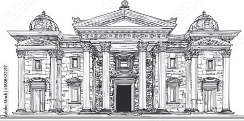 Detailed black and white sketch of a classical building facade with columns and domes