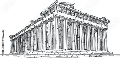 Detailed black and white sketch of the Parthenon ancient Greek temple with classical columns and stone structure