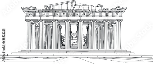 Line drawing of the Parthenon ancient Greek temple with classical columns and detailed architecture.