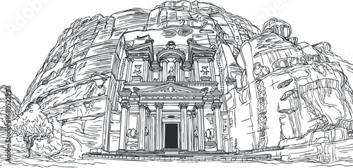 Black and white line drawing of the ancient rock-carved facade of Petra archaeological site in Jordan