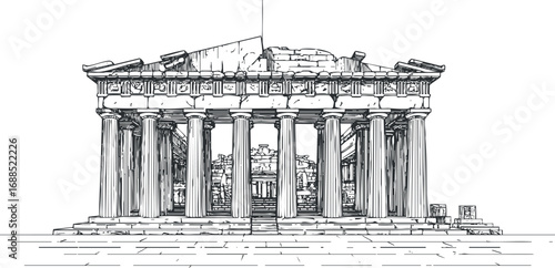 Detailed black and white line drawing of the Parthenon ancient Greek temple with classical columns and architectural details.