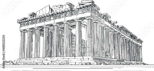 Black and white line drawing of the ancient Parthenon temple with classical columns and detailed architecture