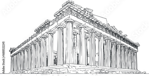 Line art drawing of the Parthenon ancient Greek temple with classical columns and detailed architecture.