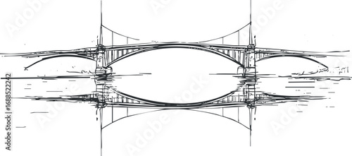 Black and white sketch of a bridge over a calm river with its reflection creating a symmetrical image.