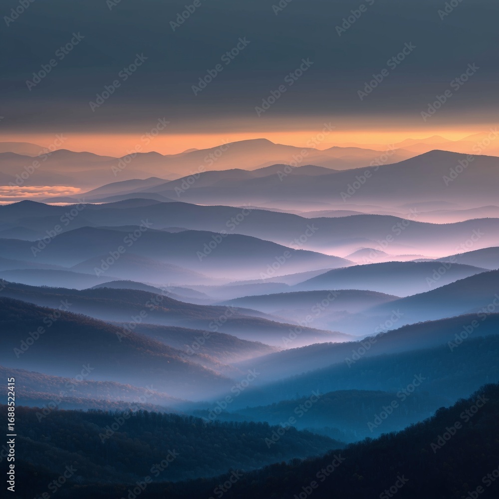 Fototapeta premium Distant sunrise over mountains with orange red sky and dramatic clouds, wide angle cinematic landscape view, flying bird above black hills, white fog and glowing horizon creating mysterious atmosphere
