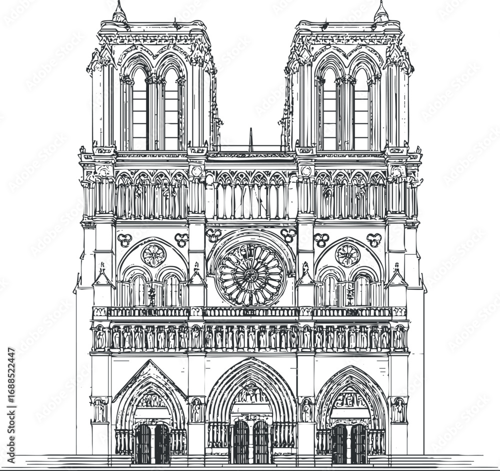 Fototapeta premium Detailed black and white line drawing of a historic Gothic cathedral facade with twin towers and intricate architectural details