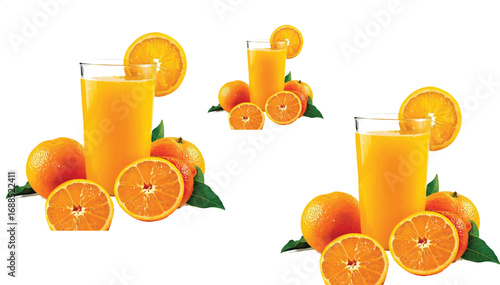 I see the image — it shows **three arrangements of a glass of orange juice with whole and sliced oranges around it**.

* Each group contains a **glass of juice with an orange slice on the rim**.
* Aro