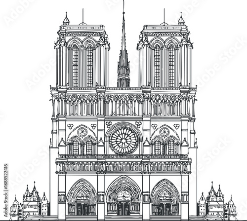 Detailed black and white line drawing of a gothic cathedral facade with towers and rose window