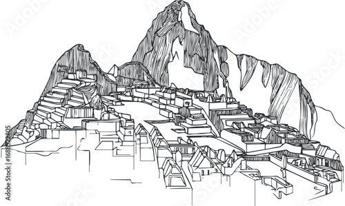 Line art drawing of Machu Picchu ancient Inca ruins on a mountain with terraces and stone structures in Peru