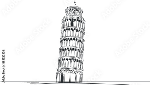 Black and white sketch of the Leaning Tower of Pisa, an iconic historic landmark in Italy