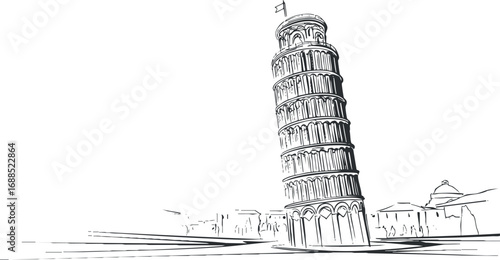 Black and white sketch of the Leaning Tower of Pisa, an iconic historic landmark in Italy.