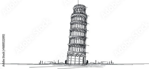 Black and white sketch illustration of the Leaning Tower of Pisa, a famous historic landmark in Italy.