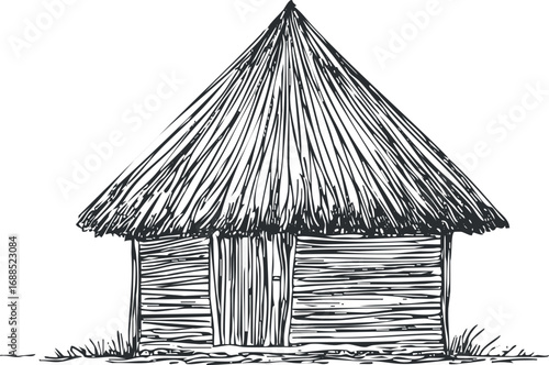Handdrawn sketch of a traditional wooden hut with a large thatched grass roof isolated on white background.