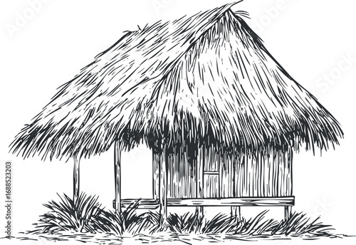 Hand-drawn sketch of a traditional thatched roof hut made of wood and grass in a rural tropical setting.