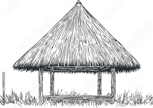Hand-drawn black and white illustration of a traditional thatched hut with wooden support and bench in natural outdoor setting