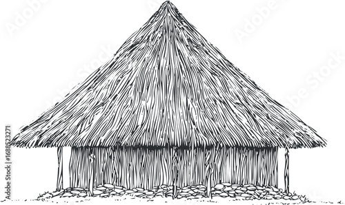 Hand-drawn illustration of a traditional thatched roof hut with a wooden structure and stone foundation on white background.