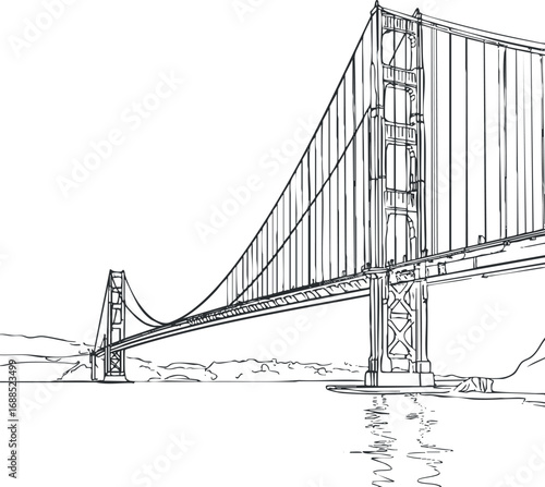Detailed black and white line drawing of a large suspension bridge over a river with towers and cables.